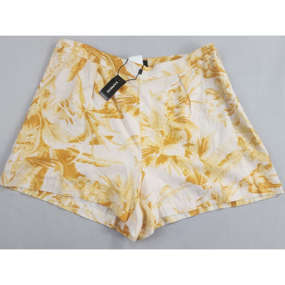 Express Womens Shorts Size 12 Rayon Linen Floral White Yellow Zip 31616379